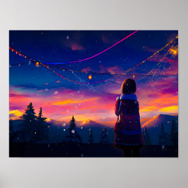 Anime Girl sieht sich Sky Print Poster an