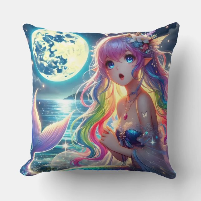 Anime Girl Singing Moonlight Pixie Rainbow Mermaid Kissen (Vorderseite)