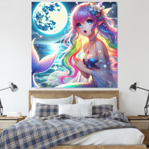 Anime Girl Singing Moonlight Pixie Rainbow Mermaid Leinwanddruck