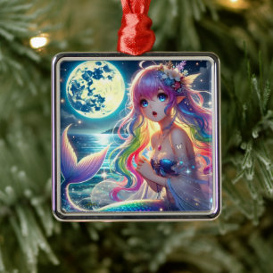 Anime Girl Singing Moonlight Pixie Rainbow Mermaid Ornament Aus Metall