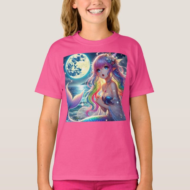 Anime Girl Singing Moonlight Pixie Rainbow Mermaid T-Shirt (Vorderseite)