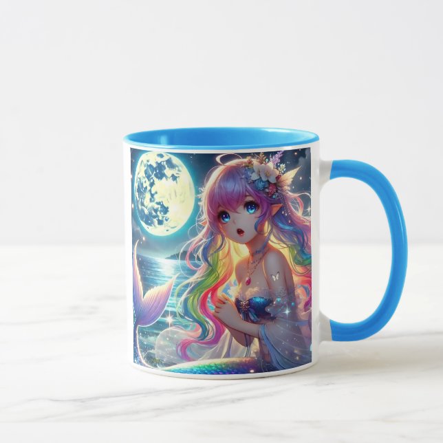 Anime Girl Singing Moonlight Pixie Rainbow Mermaid Tasse (Rechts)