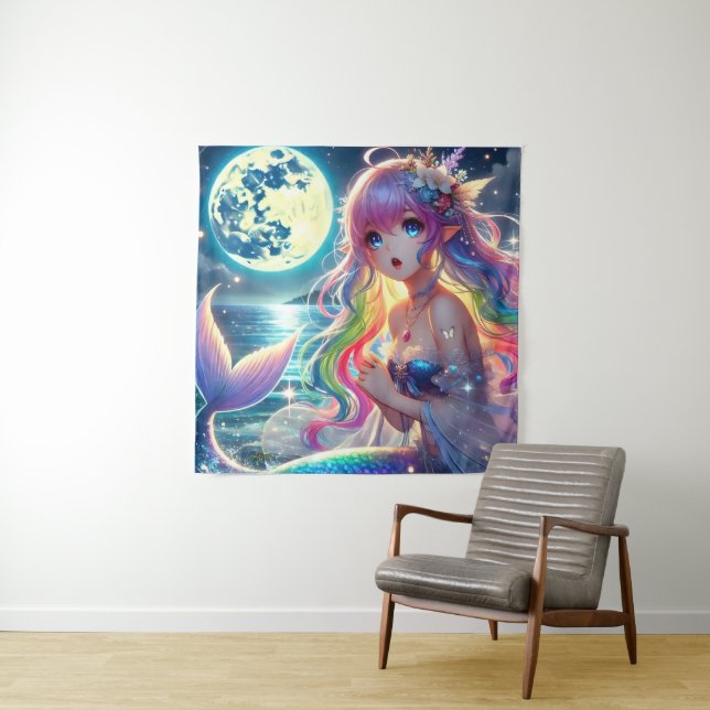 Anime Girl Singing Moonlight Pixie Rainbow Mermaid Wandteppich (Beispiel)