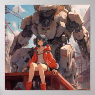 Anime Girl sitzt auf einer Riesenrobot-Hand - Stun Poster