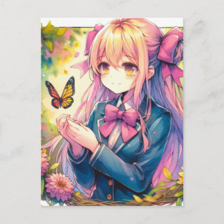 Anime Girl und Butterfly Behaltend in Touch Postkarte