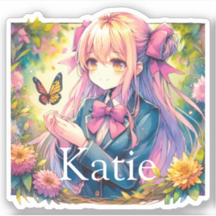 Anime Girl und Butterfly Wasserfarbe Personalisier Aufkleber
