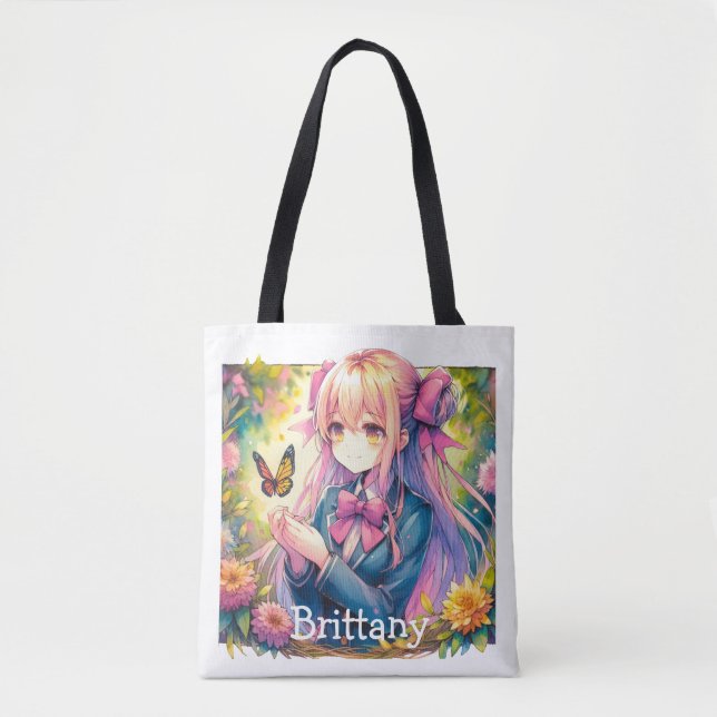Anime Girl und Butterfly Wasserfarbe Personalisier Tasche (Vorderseite)