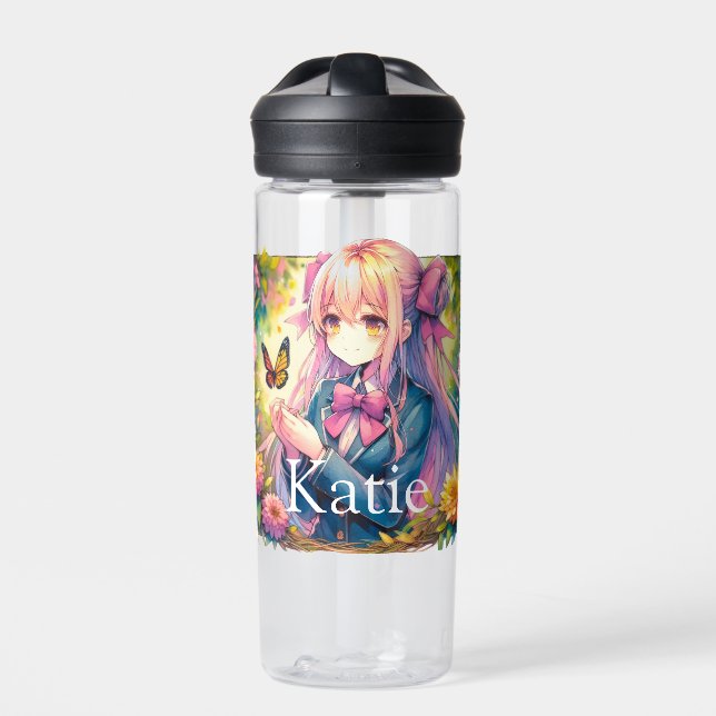 Anime Girl und Butterfly Wasserfarbe Personalisier Trinkflasche (Vorderseite)