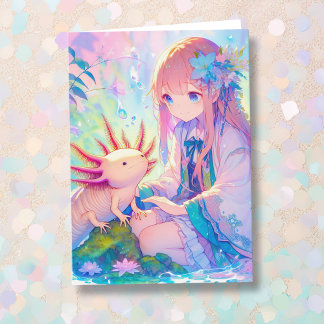 Anime Girl und ein Axolotl zum Personalisierten Ge Karte