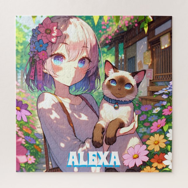 Anime Girl und Siamese Cat Personalisiert (Vertikal)