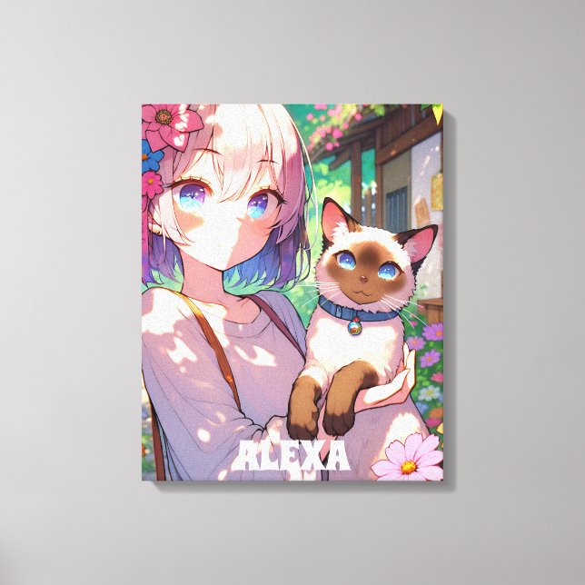 Anime Girl und Siamese Cat Personalisiert Leinwanddruck (Vorderseite)