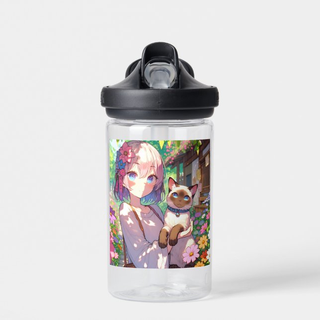 Anime Girl und Siamese Cat Personalisiert Trinkflasche (Vorne)