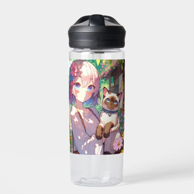 Anime Girl und Siamese Cat Personalisiert Trinkflasche (Vorderseite)