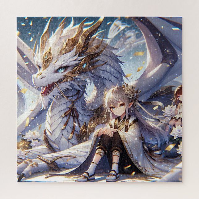 Anime Girl und White and Gold Dragon (Vertikal)