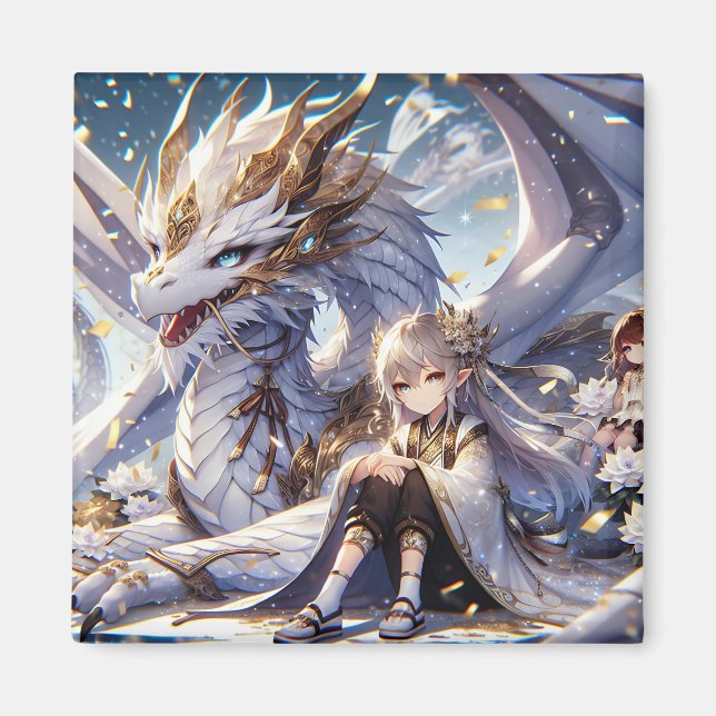 Anime Girl und White and Gold Dragon Magnet (Vorne)
