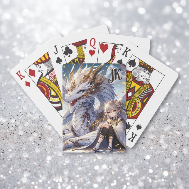 Anime Girl und White and Gold Dragon Mit Monogramm Spielkarten (Von Creator hochgeladen)