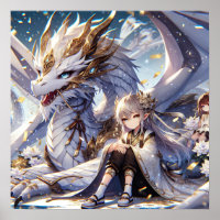 Anime Girl und White and Gold Dragon