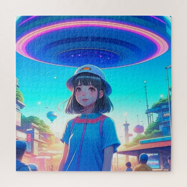 Anime Girl unter einem UFO in der Stadt (Vertikal)