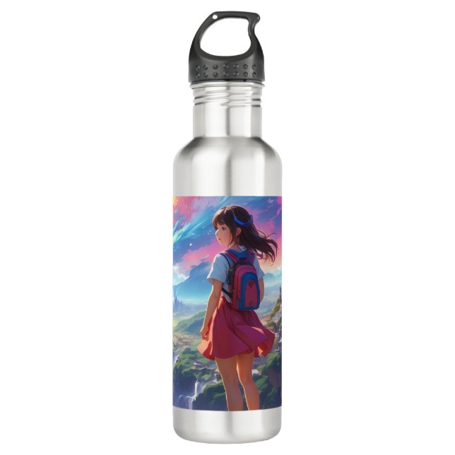 Anime Girl Views Vista Edelstahlflasche (Vorderseite)