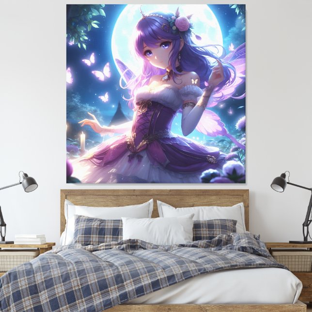 Anime Girl Violet Butterfly Wing Moon Fairy Leinwanddruck (Insitu (Schlafzimmer))