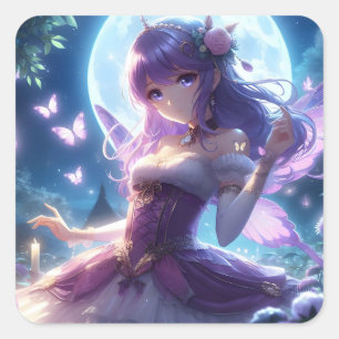 Anime Girl Violet Butterfly Wing Moon Fairy Quadratischer Aufkleber