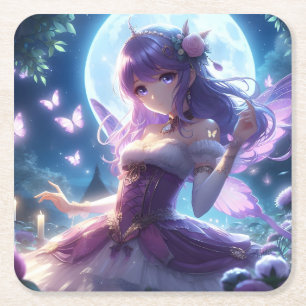 Anime Girl Violet Butterfly Wing Moon Fairy Rechteckiger Pappuntersetzer