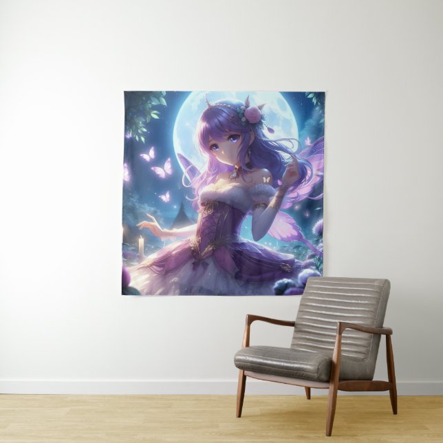 Anime Girl Violet Butterfly Wing Moon Fairy Wandteppich (Beispiel)