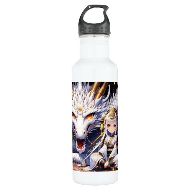 Anime Girl Warrior und Dragon Ai Art Edelstahlflasche (Vorderseite)