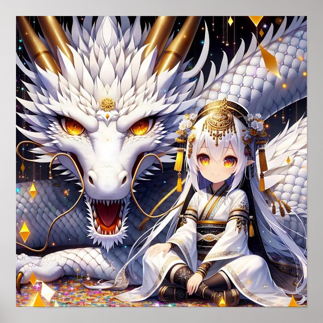 Anime Girl Warrior und Dragon Ai Art Poster (Vorne)