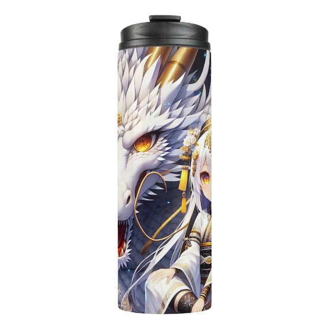 Anime Girl Warrior und Dragon Ai Art Thermosbecher (Vorderseite)