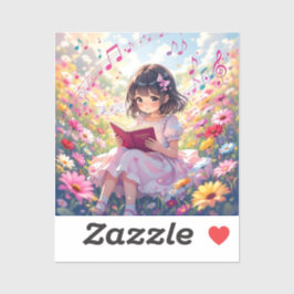 Anime Girl with Book and Musical Notes Aufkleber