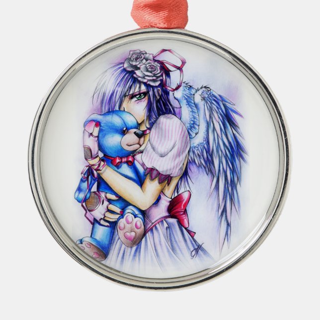 Anime Gothic Pink Angel Girl With Teddy Silbernes Ornament (Vorne)