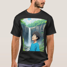 Anime-Junge bewundert Wasserfall in einer wundersc T-Shirt