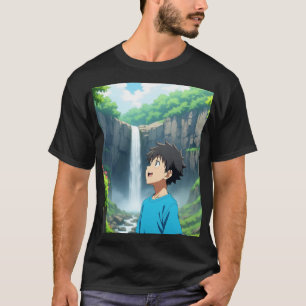 Anime-Junge bewundert Wasserfall in einer wundersc T-Shirt