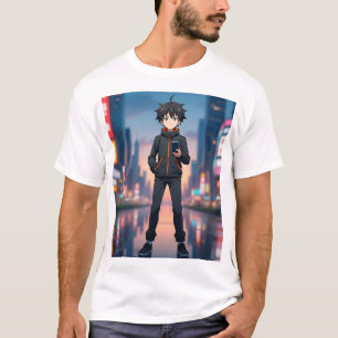 Anime-Junge in einer Neonstadt bei Nacht – Cooler T-Shirt