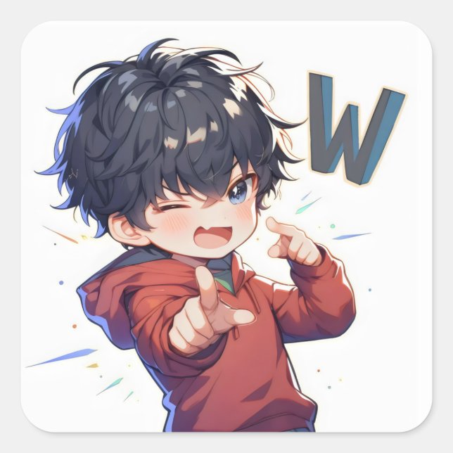 Anime-Junge mit Buchstabe W Quadratischer Aufkleber (Vorderseite)