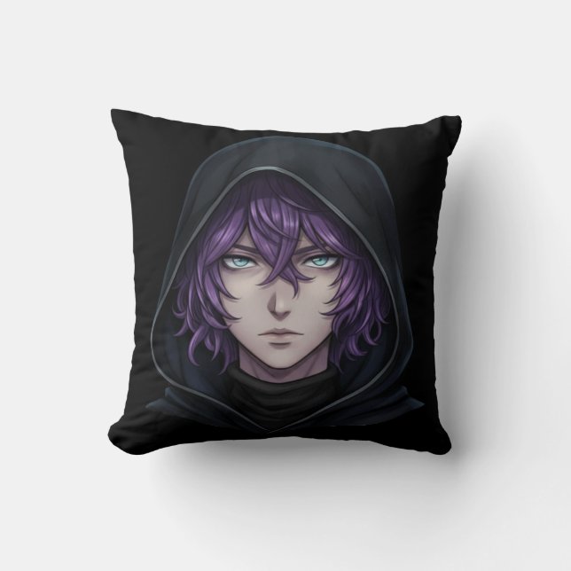 Anime-Junge mit dunkler Kapuzenjacke und violetten Kissen (Vorderseite)