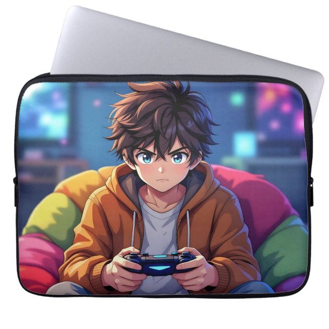 Anime-Junge spielt Videospiel  Laptopschutzhülle (Vorderseite)