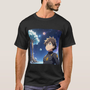Anime-Junge unter dem Sternenhimmel mit Planeten – T-Shirt