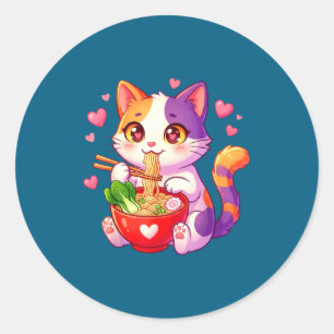 Anime-Katze isst Ramen-Nudeln mit Herzen Lustiges Runder Aufkleber