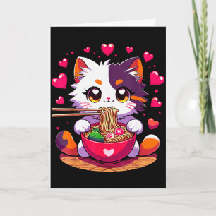 Anime-Katze isst Ramen-Nudeln mit Herzen Valenti Karte