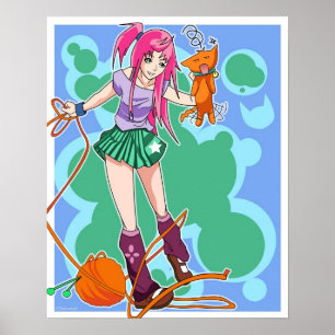 Anime-Katzen-Mädchen u. Katze mit Garn-Ball Poster