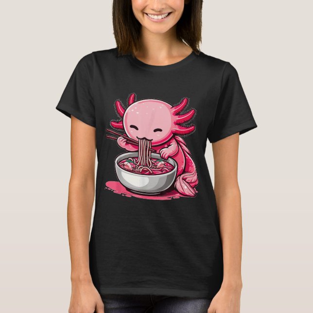 Anime Kawaii Axolotl Eating Ramen Noodles T-Shirt (Vorderseite)