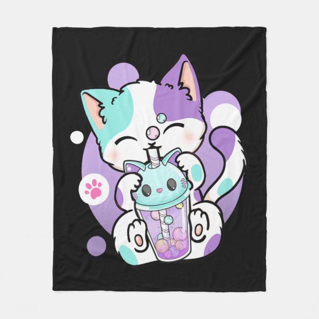 Anime Kawaii Cat Boba Bubble Tea Neko Boba Teezere Fleecedecke (Vorderseite)