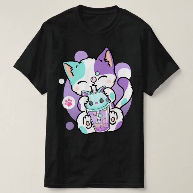 Anime Kawaii Cat Boba Bubble Tea Neko Boba Teezere T-Shirt (Design vorne)