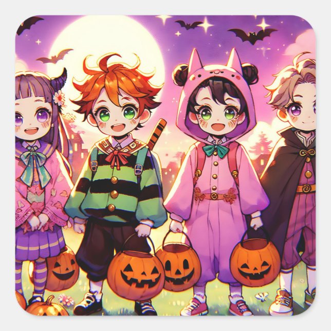 Anime Kid's Halloween Quadratischer Aufkleber (Vorderseite)
