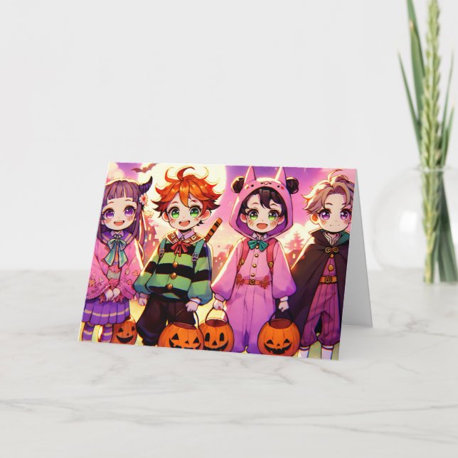 Anime Kid's in Kostümen Halloween Karte (Vorderseite)