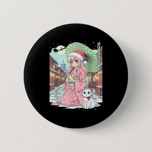 Anime Kimono Mädchen Weihnachten Japan Katze Xmas Button