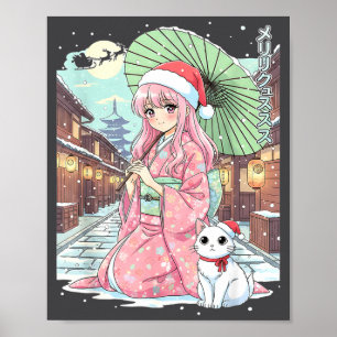 Anime Kimono Mädchen Weihnachten Japan Katze Xmas  Poster
