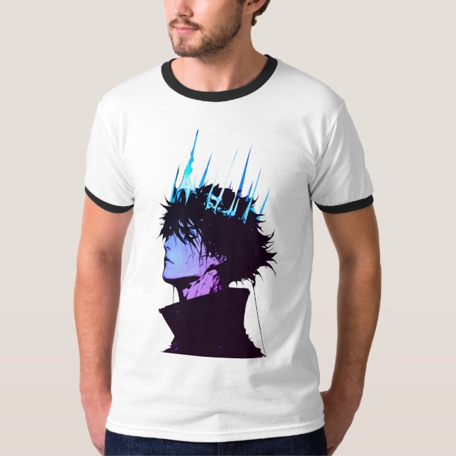 Anime King Gothic Male Portrait with Blue Crown T-Shirt (Vorderseite)